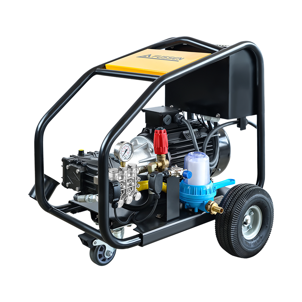 Fussen FBE Series electric high-pressure washer, up to 350 bar, 15–21 L/min, heavy-duty design for industrial cleaning.