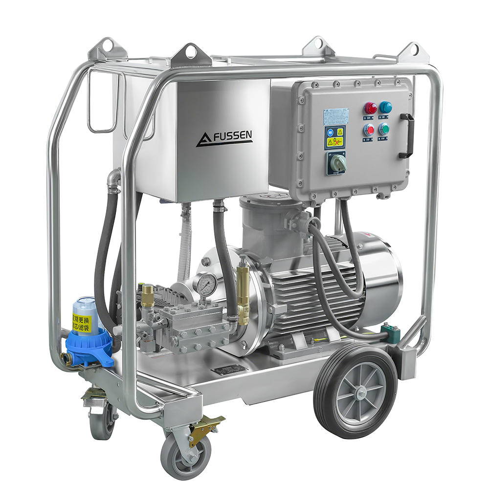 Fussen FCE-EX Series explosion-proof high-pressure washer, up to 600 bar, up to 22 L/min, industrial design for hazardous environments.