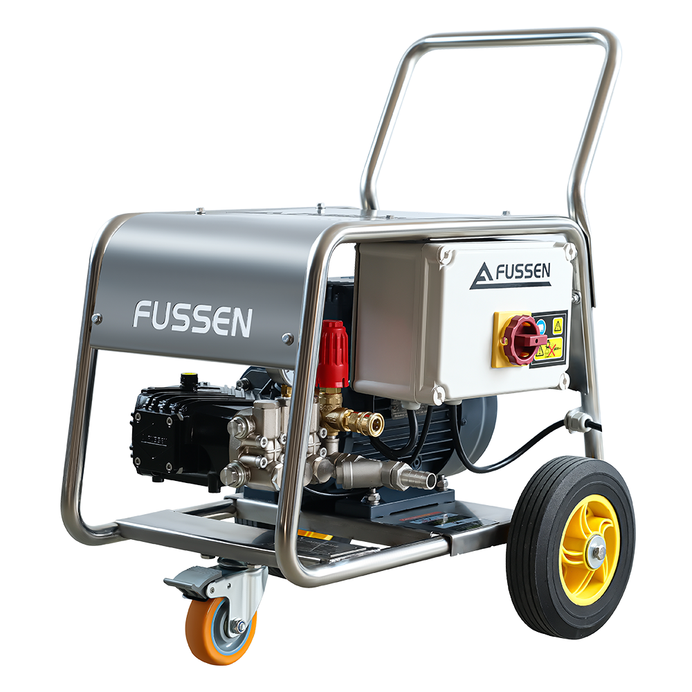 Fussen FSE Series electric high-pressure washer, 110–150 bar, portable wheeled design for home and light-duty cleaning.